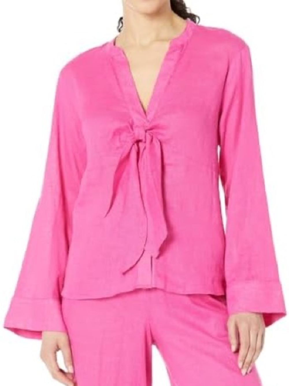 Michael Kors Women's Pink Tie-Front Linen Blend Long Sleeve Blouse Cerise resort